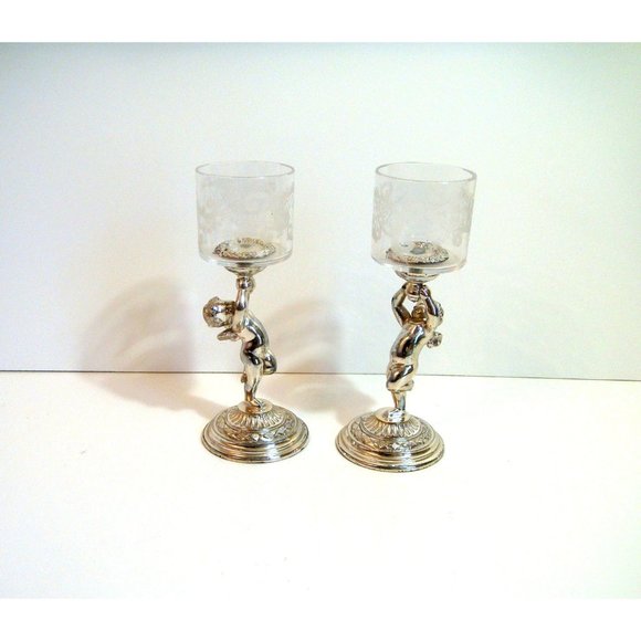 Pairpoint Silver Plate Cherub Votive Holders with Etched Glass PAIR - Picture 2 of 9